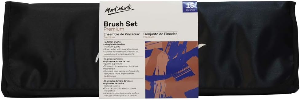 Mont Marte Premium Paint Brush Set 15 Piece, Includes 15 Different Brushes in a Roll Case with Magnetic Closure, Suitable for Watercolour, Acrylic and Oil Painting