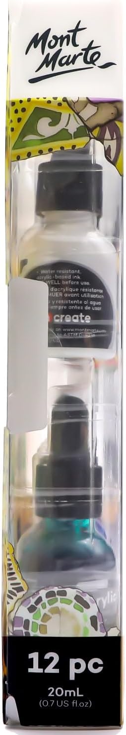 Mont Marte Acrylic Ink Premium 12pc x 20ml (0.7 US fl.oz), Acrylic Inks for Artists, Essential Colors, Ideal for Air Brush, Pouring Art, Scrapbooking, Ink Drawing, Mixed Media