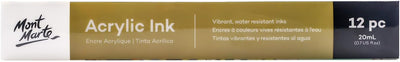 Mont Marte Acrylic Ink Premium 12pc x 20ml (0.7 US fl.oz), Acrylic Inks for Artists, Essential Colors, Ideal for Air Brush, Pouring Art, Scrapbooking, Ink Drawing, Mixed Media