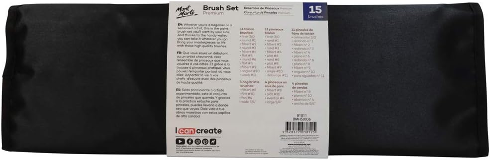 Mont Marte Premium Paint Brush Set 15 Piece, Includes 15 Different Brushes in a Roll Case with Magnetic Closure, Suitable for Watercolour, Acrylic and Oil Painting