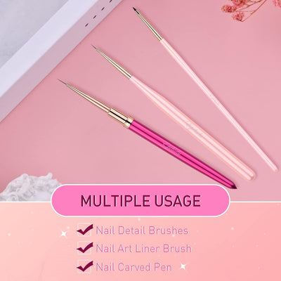 Nail Art Brushes Set, 3PC Mini Nail Art Design Tiny Detailer Brushes, Nail Art Liner Long Striping Brush and 3d Brush For Flower Gel Polish Manicure Salon DIY at Home