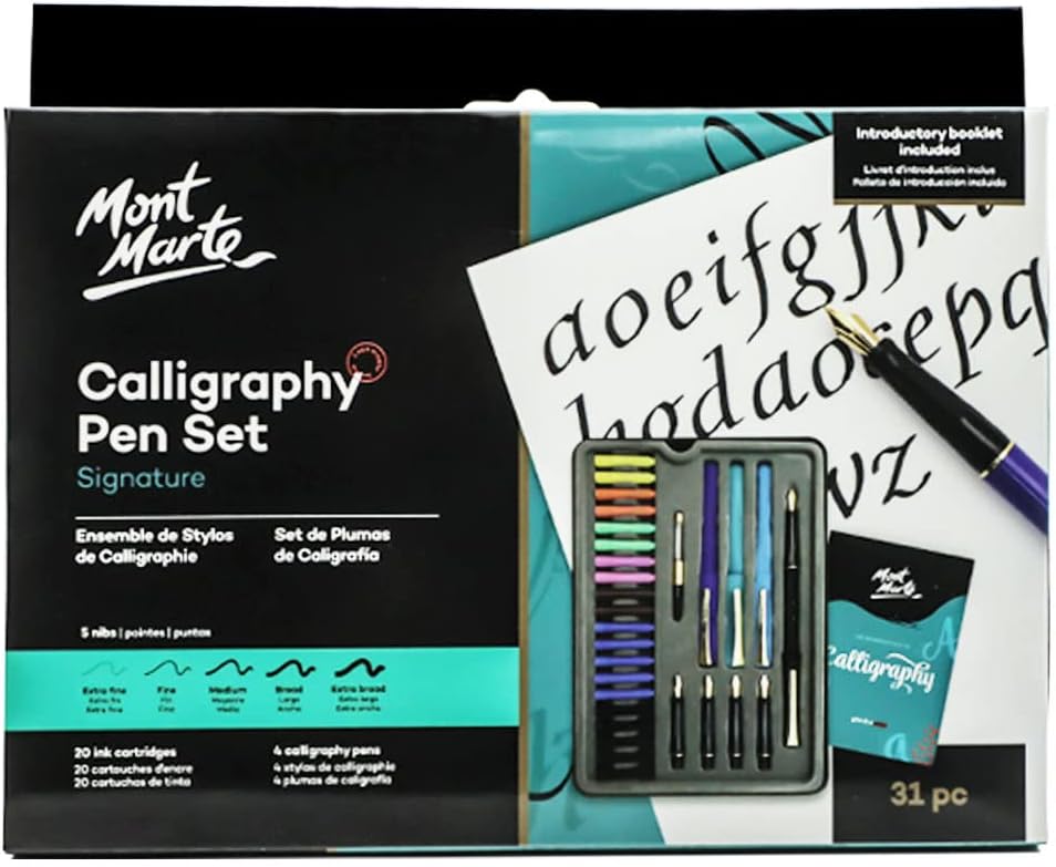 Mont Marte Calligraphy Set, 32 Piece. Includes Calligraphy Pens, Calligraphy Nibs, Ink Cartridges, Introduction Booklet and Exercise Booklet, Packaging May Vary
