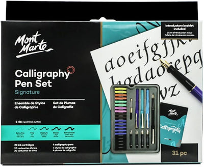 Mont Marte Calligraphy Set, 32 Piece. Includes Calligraphy Pens, Calligraphy Nibs, Ink Cartridges, Introduction Booklet and Exercise Booklet, Packaging May Vary