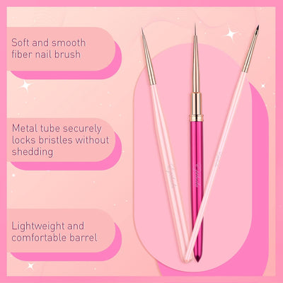 Nail Art Brushes Set, 3PC Mini Nail Art Design Tiny Detailer Brushes, Nail Art Liner Long Striping Brush and 3d Brush For Flower Gel Polish Manicure Salon DIY at Home