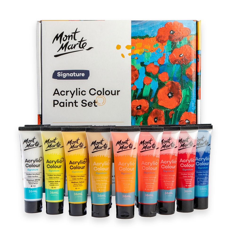 Mont Marte Acrylic Paint Set 24 Colours 36ml, Perfect for Canvas, Wood, Fabric, Leather, Cardboard, Paper, MDF and Crafts