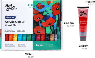 Mont Marte Acrylic Paint Set 24 Colours 36ml, Perfect for Canvas, Wood, Fabric, Leather, Cardboard, Paper, MDF and Crafts