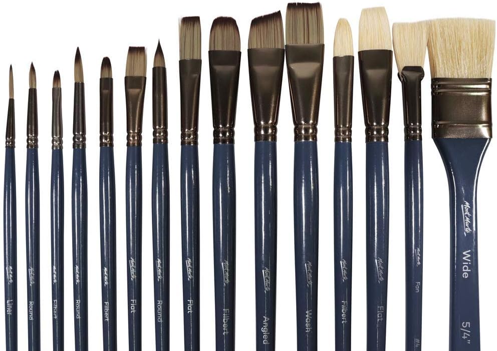 Mont Marte Premium Paint Brush Set 15 Piece, Includes 15 Different Brushes in a Roll Case with Magnetic Closure, Suitable for Watercolour, Acrylic and Oil Painting