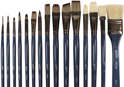 Mont Marte Premium Paint Brush Set 15 Piece, Includes 15 Different Brushes in a Roll Case with Magnetic Closure, Suitable for Watercolour, Acrylic and Oil Painting
