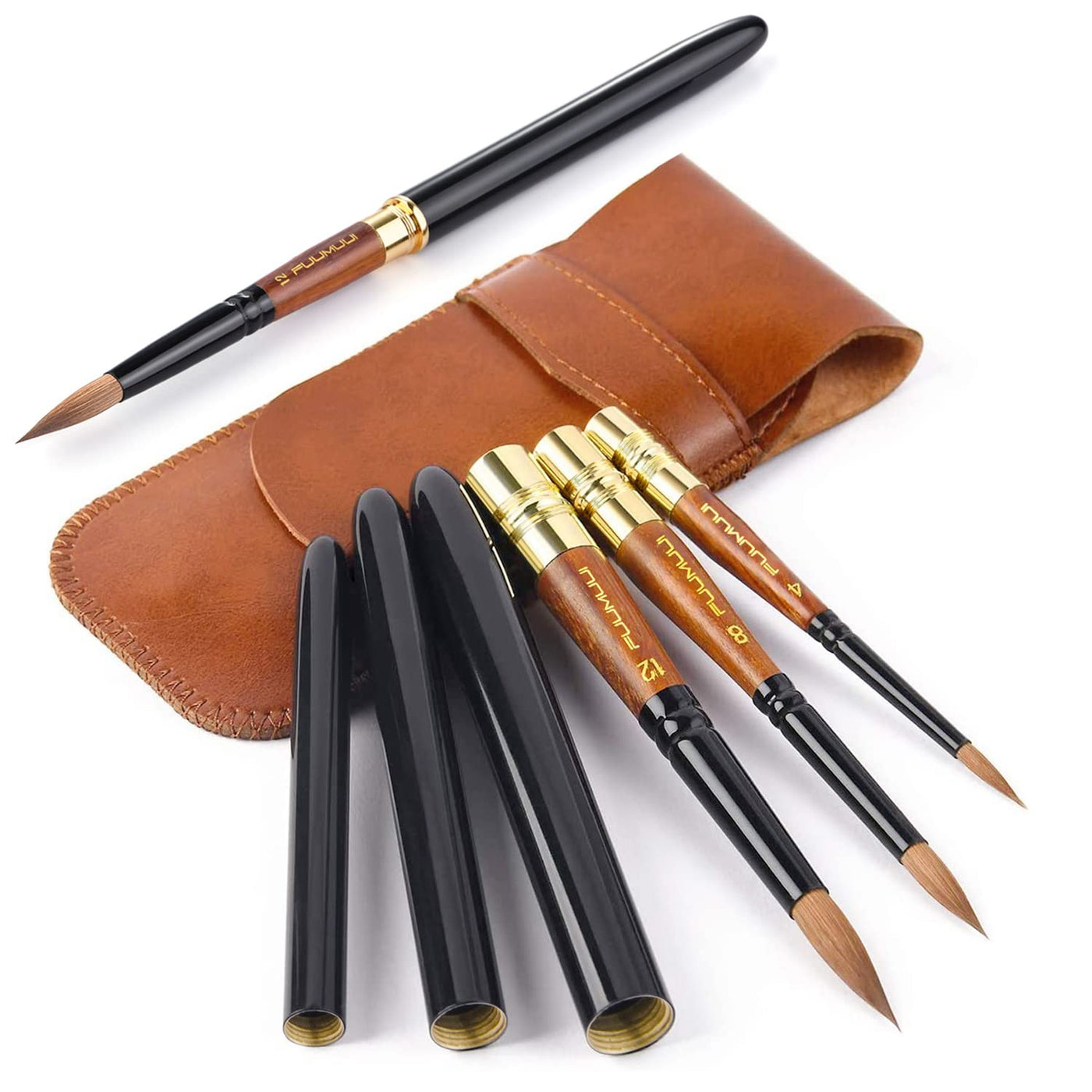 Fuumuui 4pcs Elegant Kolinsky Sable Watercolor Brushes - Travel Kit with Leather Pouch Perfect for Gouache Ink Painting