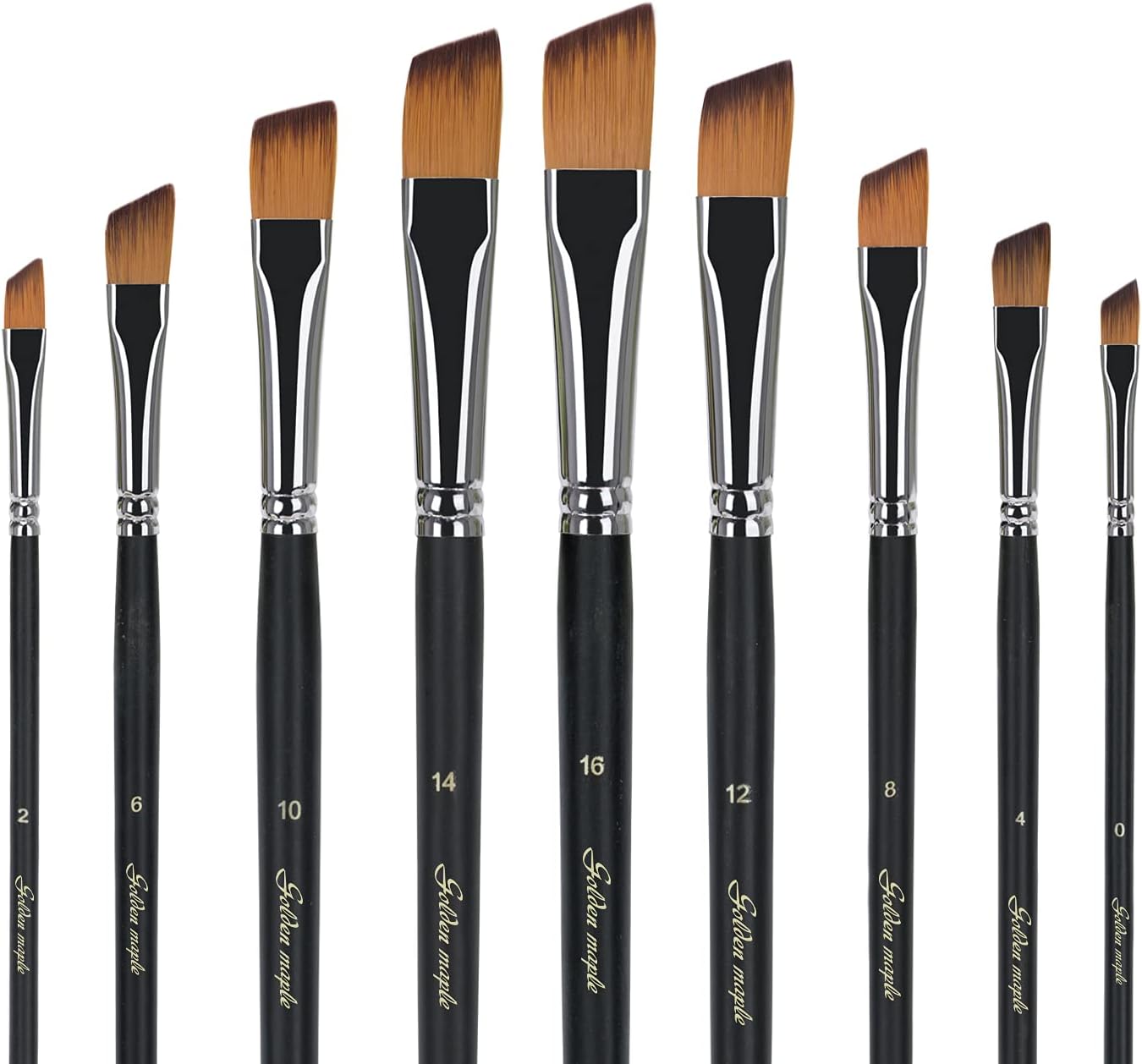 Golden Maple Angular Paint Brush, 9PC Oblique Tip Nylon Hair Long Handle Angled Paint Brushes Set Art Artist Professional Painting Supplies for Acrylic, Watercolor, Gouache and Oil Painting