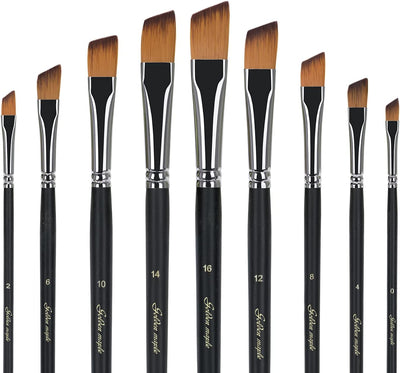 Golden Maple Angular Paint Brush, 9PC Oblique Tip Nylon Hair Long Handle Angled Paint Brushes Set Art Artist Professional Painting Supplies for Acrylic, Watercolor, Gouache and Oil Painting