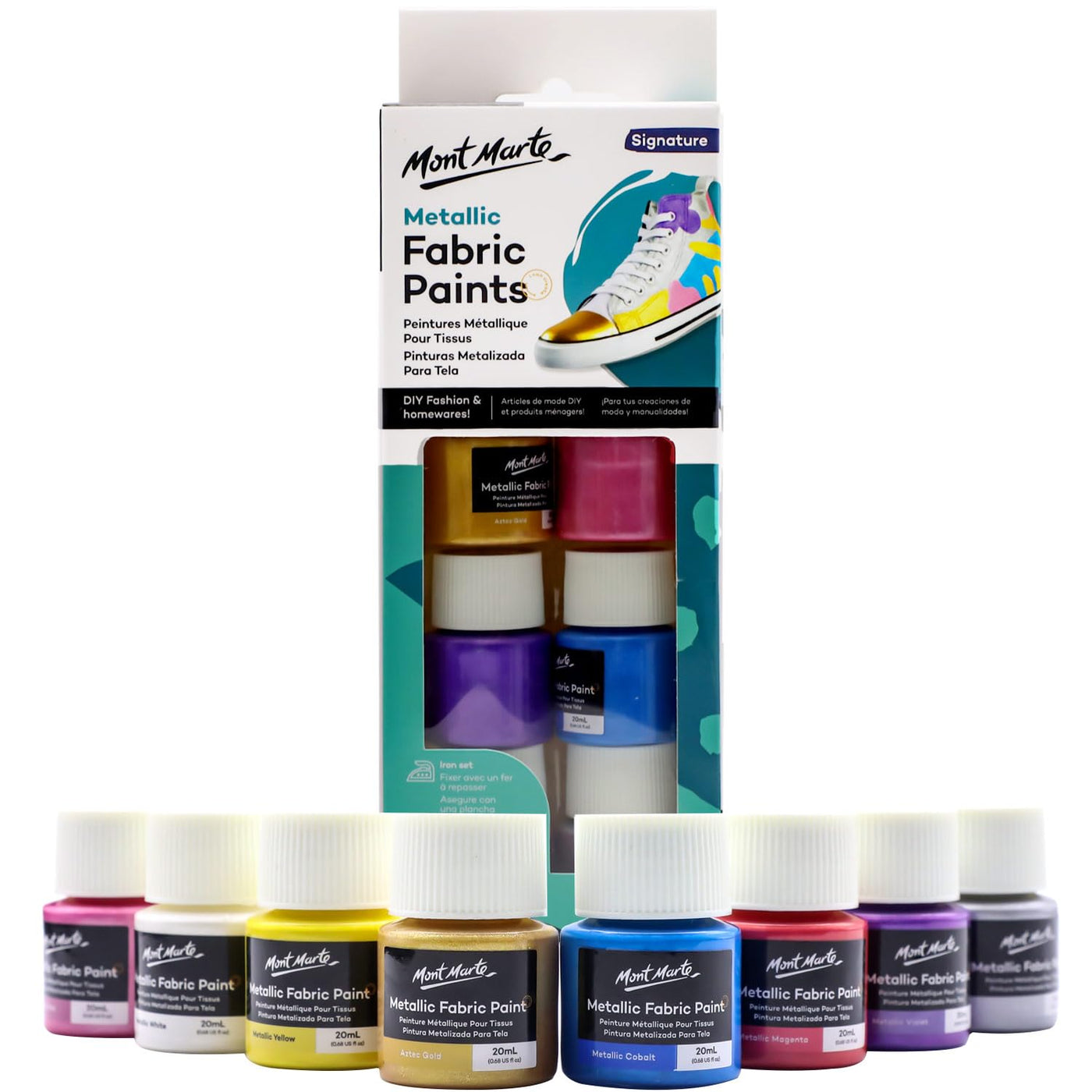 Mont Marte Permanent Fabric Paint Set 8 x 20ml Vivid Colours for Textile, Fabric, T-Shirt, Canvas, Wood, Ceramic, Glass