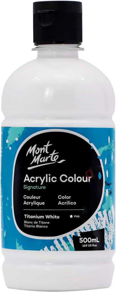 Mont Marte Signature Titanium White Acrylic Paint, 16.9oz (500ml), Semi-Matte Finish, 12 Colors, Suitable for Canvas, Wood, Fabric, Leather, Cardboard, Paper, MDF and Crafts