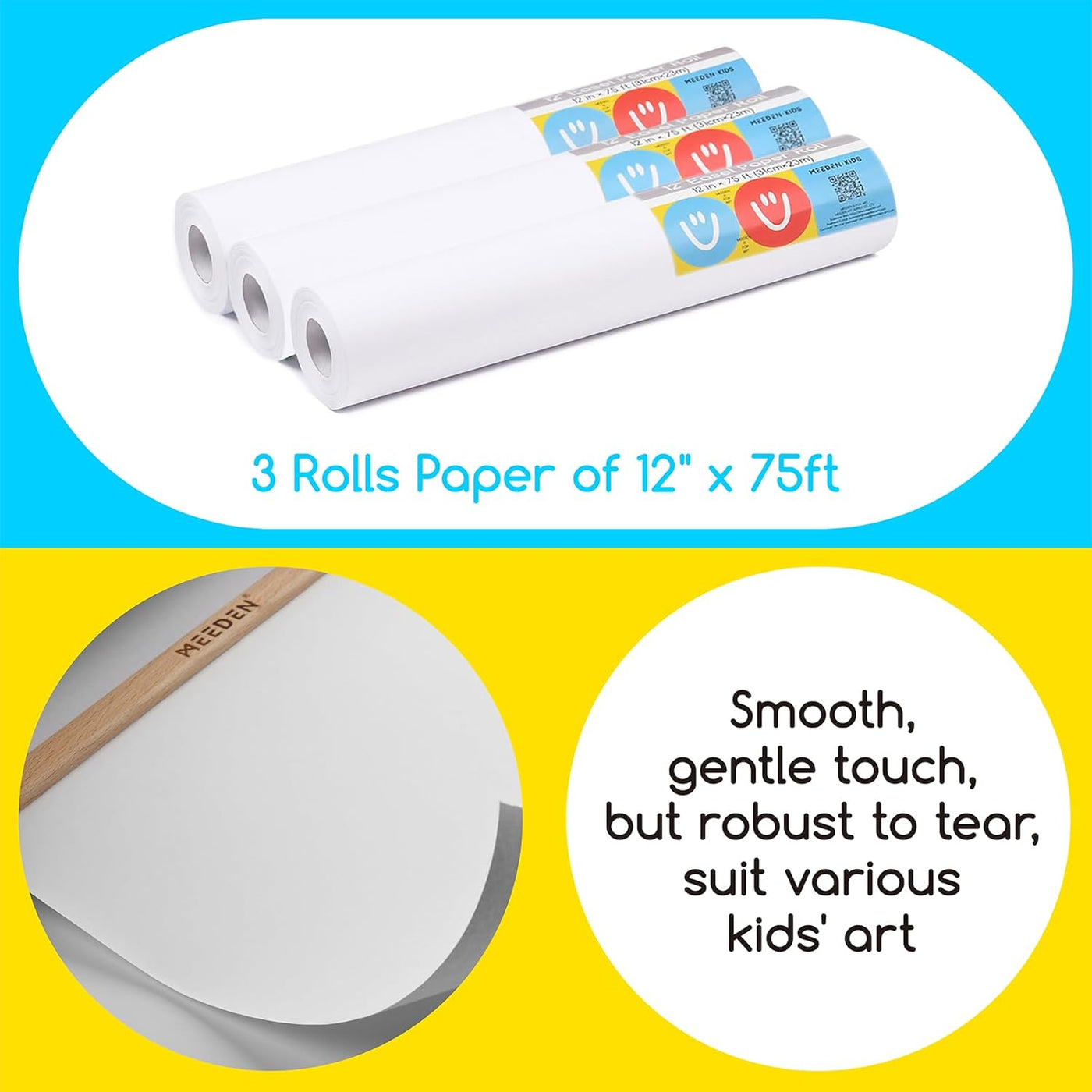 MEEDEN Paper Roll Dispenser with 3 Paper Rolls (12" x 75ft) - Beech Wood Kids Easel, Wooden Tabletop Easel for Kids Art Supplies, Toddler, Doodle, Drawing, Art, Craft
