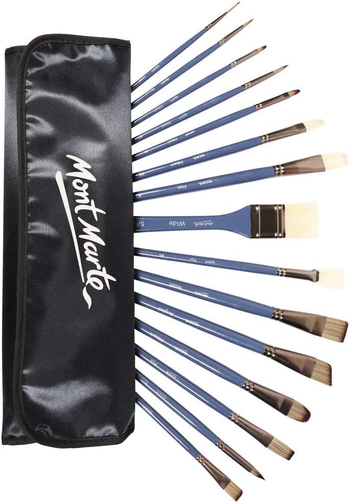 Mont Marte Premium Paint Brush Set 15 Piece, Includes 15 Different Brushes in a Roll Case with Magnetic Closure, Suitable for Watercolour, Acrylic and Oil Painting