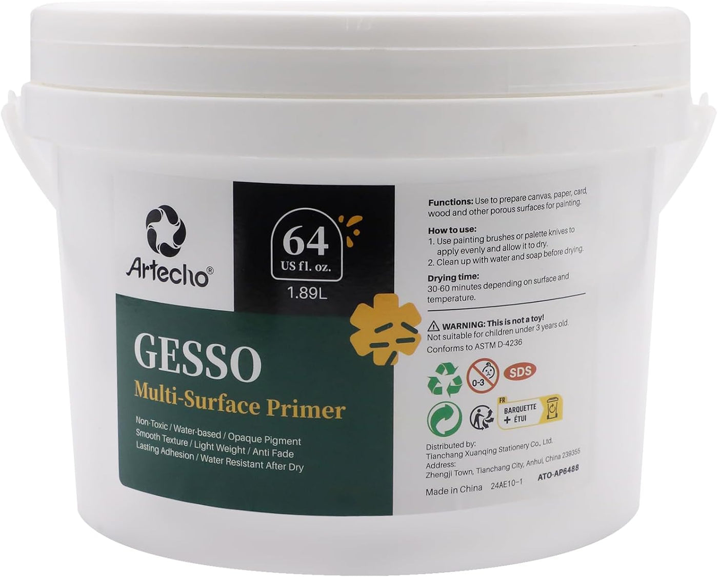 Artecho Gesso 64oz / 1.89L, White Gesso Primer for Acrylic Painting, Oil Painting