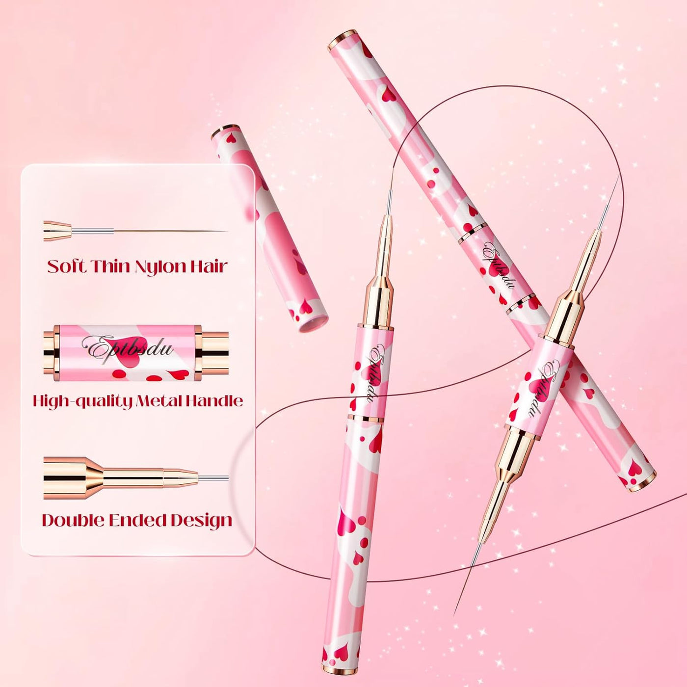 Nail Art Brushes Set - Eptbsdu 5PC Double Ended Nail Art Liner Brushes Striping Brushes for Short Strokes, Details, Blending, Elongated Lines 5/7/9/10/11/15/20/22/25/30mm