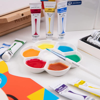 MEEDEN 7-Well Ceramic Paint Palette: 3 Pcs Watercolor Palette 4.7'' x 0.6'' - Porcelain Paint Palette Tray for Gouache Painting, Round, White
