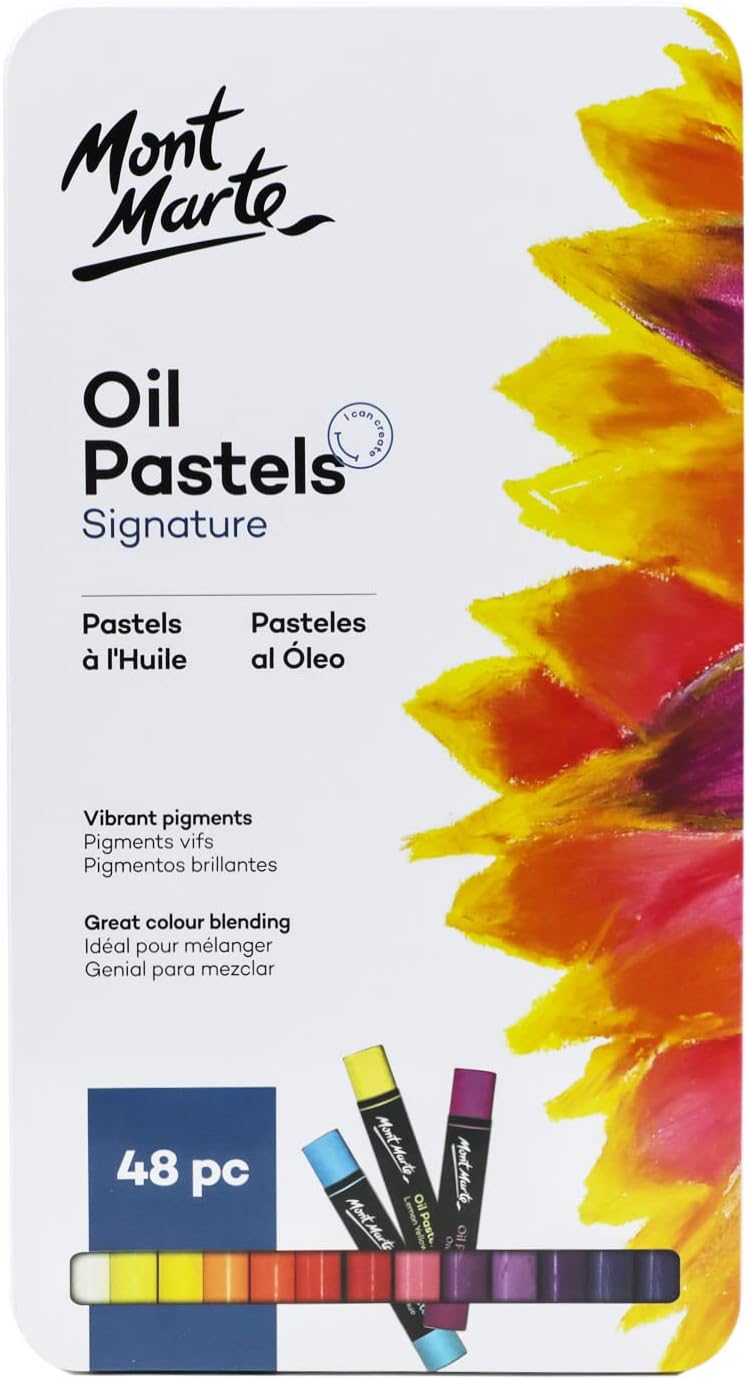 Mont Marte Oil Pastels in Tin Box Signature 48pc, 48 Assorted Colors, Vibrant Oil Pastel Set, Great Blending and Layering, Comes in Storage Case, Ideal for Art, Craft, Coloring and Sketching