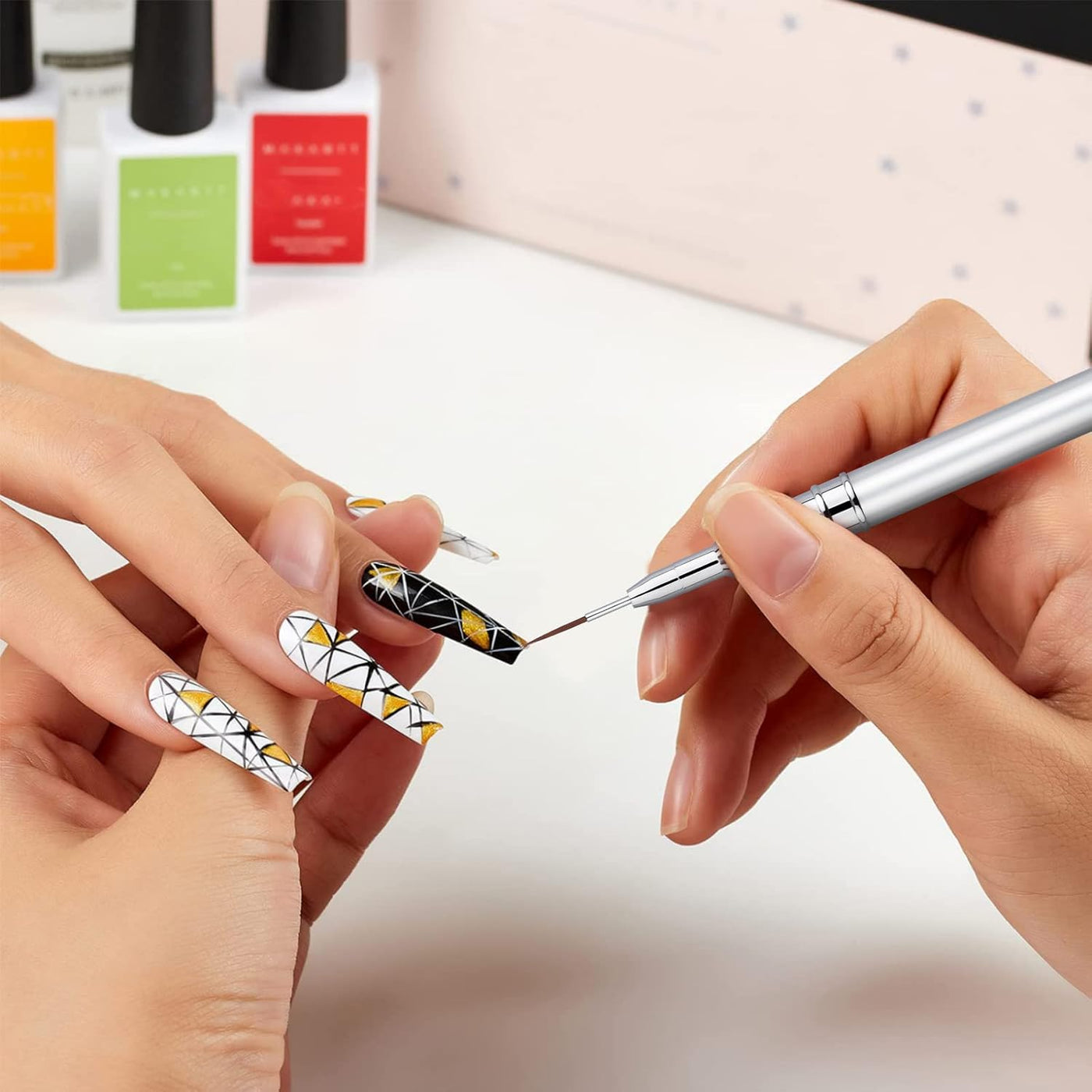 5PC Nail Art Brush Set - Long Lines, Liner, UV Gel Polish, Metal Handle, Sizes 7/9/11/15/25mm