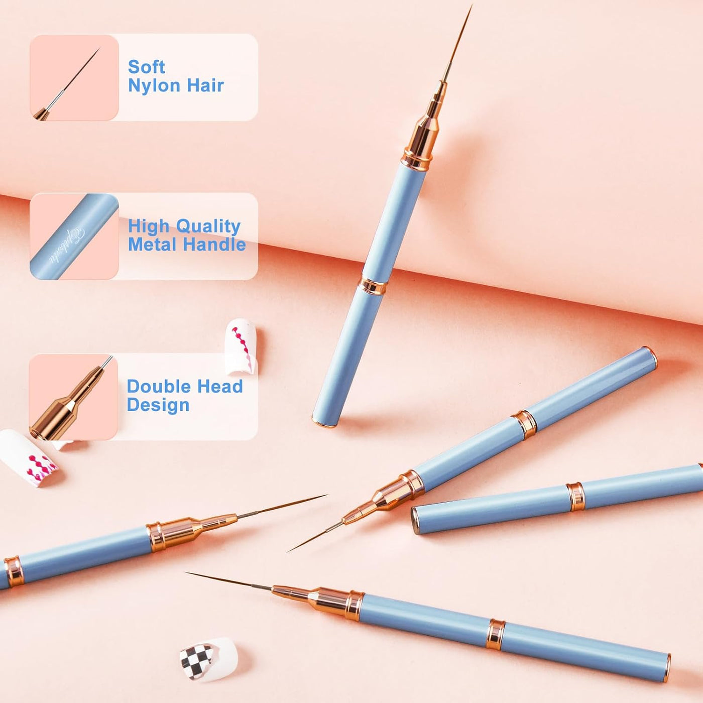 Nail Art Brushes, Double-Ended 10PCS Head Long Nail Art Liner Brushes Nail Design Brushes for Long Lines,Tiny Details,Fine Drawing Nail Brushes for Nail Art,Sizes 5/7/9/10/11/15/20/22/25/30