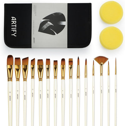 18 Piece Paint Brush Set, ARTIFY 15 Acrylic Paint Brushes, Palette Knife, and 2 Sponges, Professional Artist Paint Brushes for Acrylics, Watercolors, Gouache, Canvas, and Face Painting, Pearl White