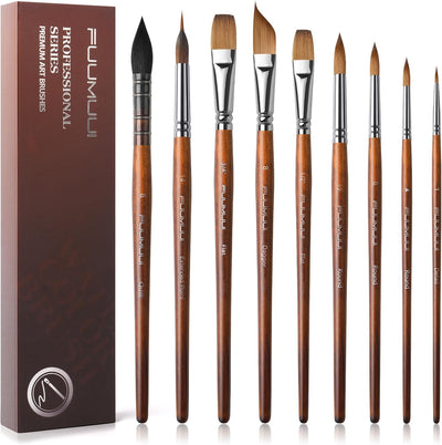 Watercolor Paint Brushes, 9pcs Fuumuui Professional Sable Brushes & Natural Squirrel Mop Brush Set with Extended Needle, Round Point, Flat, Dagger, Quill Wash for Watercolor Gouache Inks