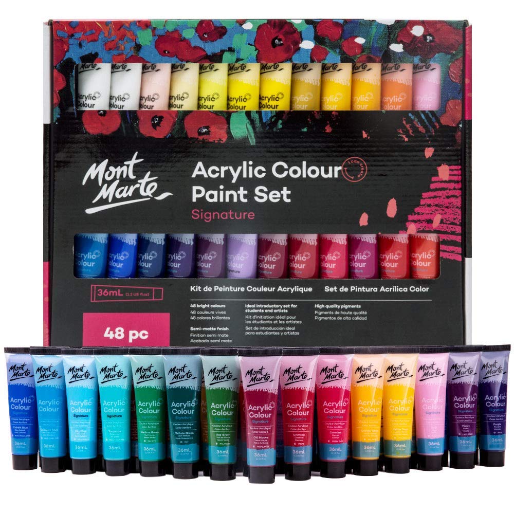 Mont Marte Acrylic Paint Set 24 Colours 36ml, Perfect for Canvas, Wood, Fabric, Leather, Cardboard, Paper, MDF and Crafts