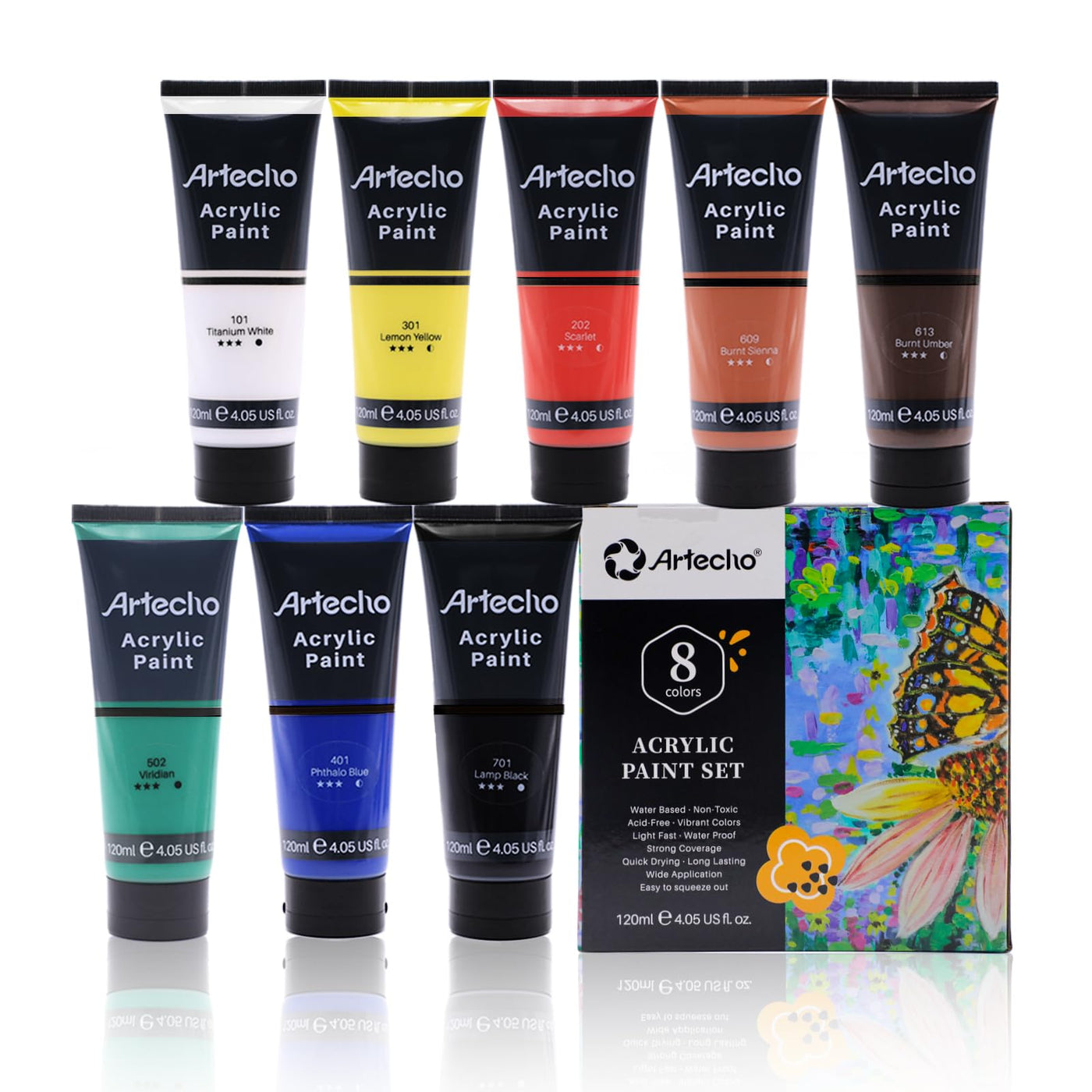 Artecho White Acrylic Paint, Titanium White Paint (120ml / 4.05oz) Tubes, Art Craft Paints for Canvas Painting, Rock, Stone, Wood, Fabric, Art Supplies
