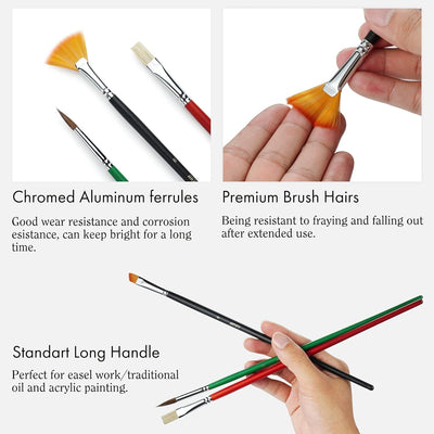ARTIFY 41 Pieces Long Handle Paint Brushes, Expert Series, Hog Bristle, Horse Hair and Nylon Hairs Art Set Includes a Carrying Canvas Roll, for Acrylic, Oil, Watercolor and Gouache