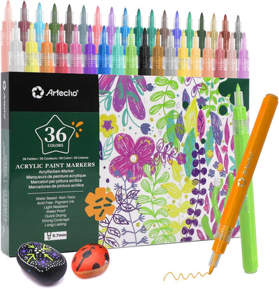 Artecho Acrylic Paint Markers 36 Colors 0.7mm Extra Fine Tip Paint Pens for Rock Painting, Ceramic, Fabric, Canvas, Wood, Glass, Art Supplies