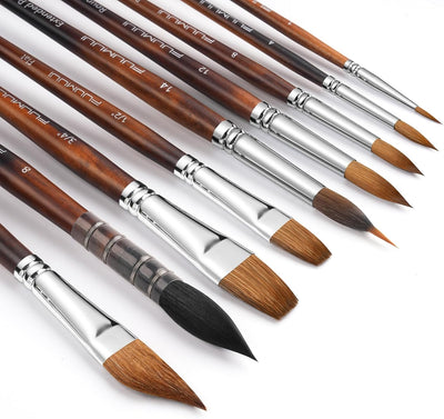 Watercolor Paint Brushes, 9pcs Fuumuui Professional Sable Brushes & Natural Squirrel Mop Brush Set with Extended Needle, Round Point, Flat, Dagger, Quill Wash for Watercolor Gouache Inks