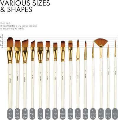18 Piece Paint Brush Set, ARTIFY 15 Acrylic Paint Brushes, Palette Knife, and 2 Sponges, Professional Artist Paint Brushes for Acrylics, Watercolors, Gouache, Canvas, and Face Painting, Pearl White