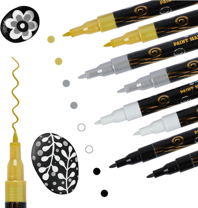 INK LAB 15 Pcs Acrylic Paint Markers Acrylic Markers Metallic for Stone Wood Glass Canvas Ceramic, 5 White 4 Black 3 Gold & 3 Silver, DIY Crafts Making Art Supplies
