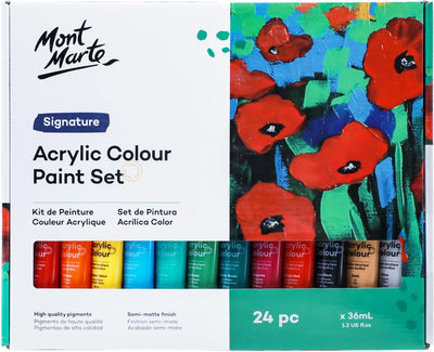 Mont Marte Acrylic Paint Set 24 Colours 36ml, Perfect for Canvas, Wood, Fabric, Leather, Cardboard, Paper, MDF and Crafts