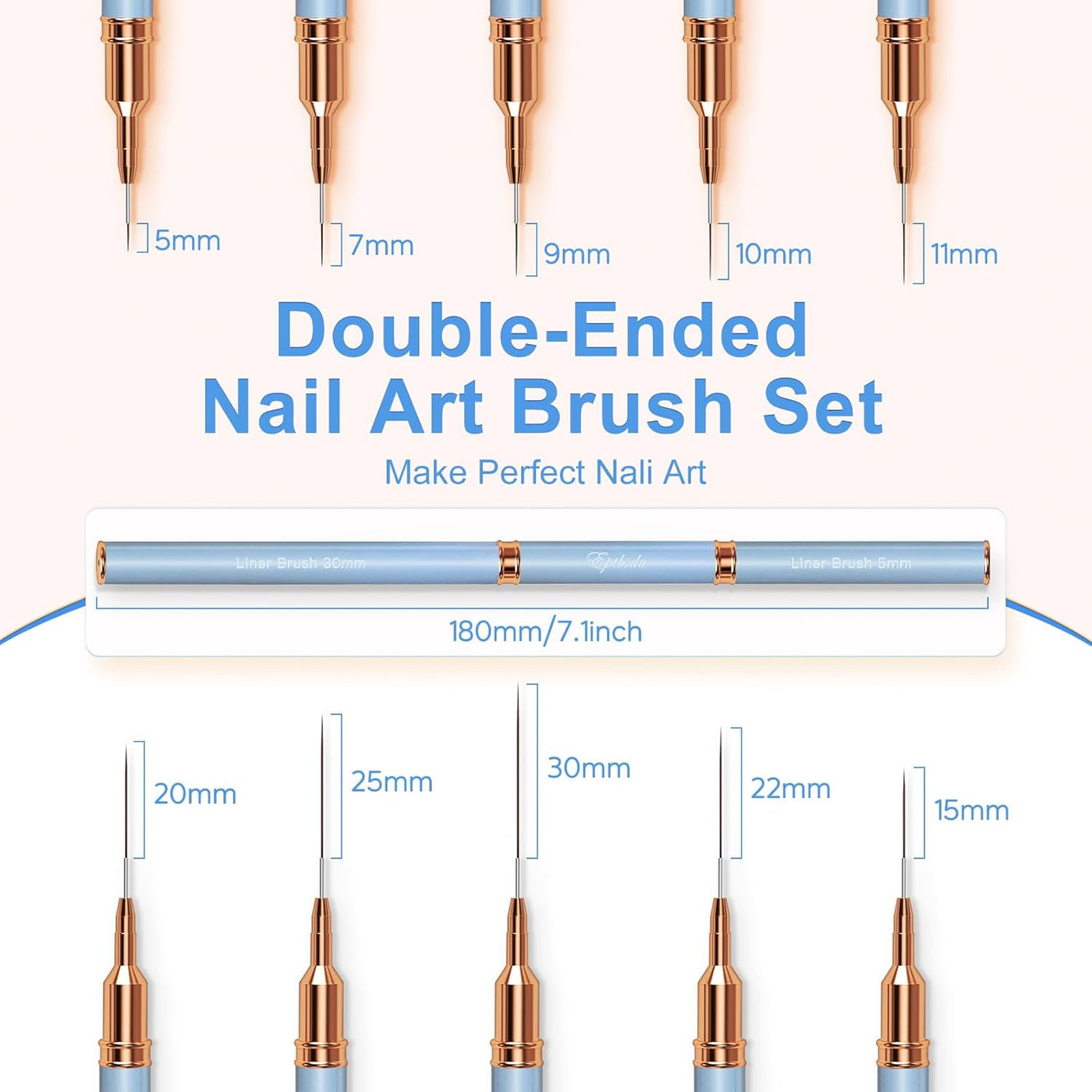 Nail Art Brushes, Double-Ended 10PCS Head Long Nail Art Liner Brushes Nail Design Brushes for Long Lines,Tiny Details,Fine Drawing Nail Brushes for Nail Art,Sizes 5/7/9/10/11/15/20/22/25/30