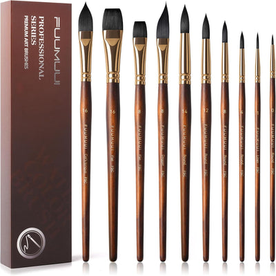 Watercolor Brushes Professional, Fuumuui 10Pcs Synthetic Squirrel Hair Water Color Paint Brush Set for Artists - Flat, Round Pointed, Dagger, Cats Tongue Oval Wash for Watercolor Gouache Inks Painting