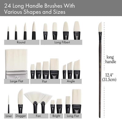 ARTIFY Artists' Oil Synthetic Hog Hair Paint Brush Set, 24 Pieces Long Handle Hard Nylon Oil Paint Brushes, Professional Paint Brushes for Oil, Acrylic Painting