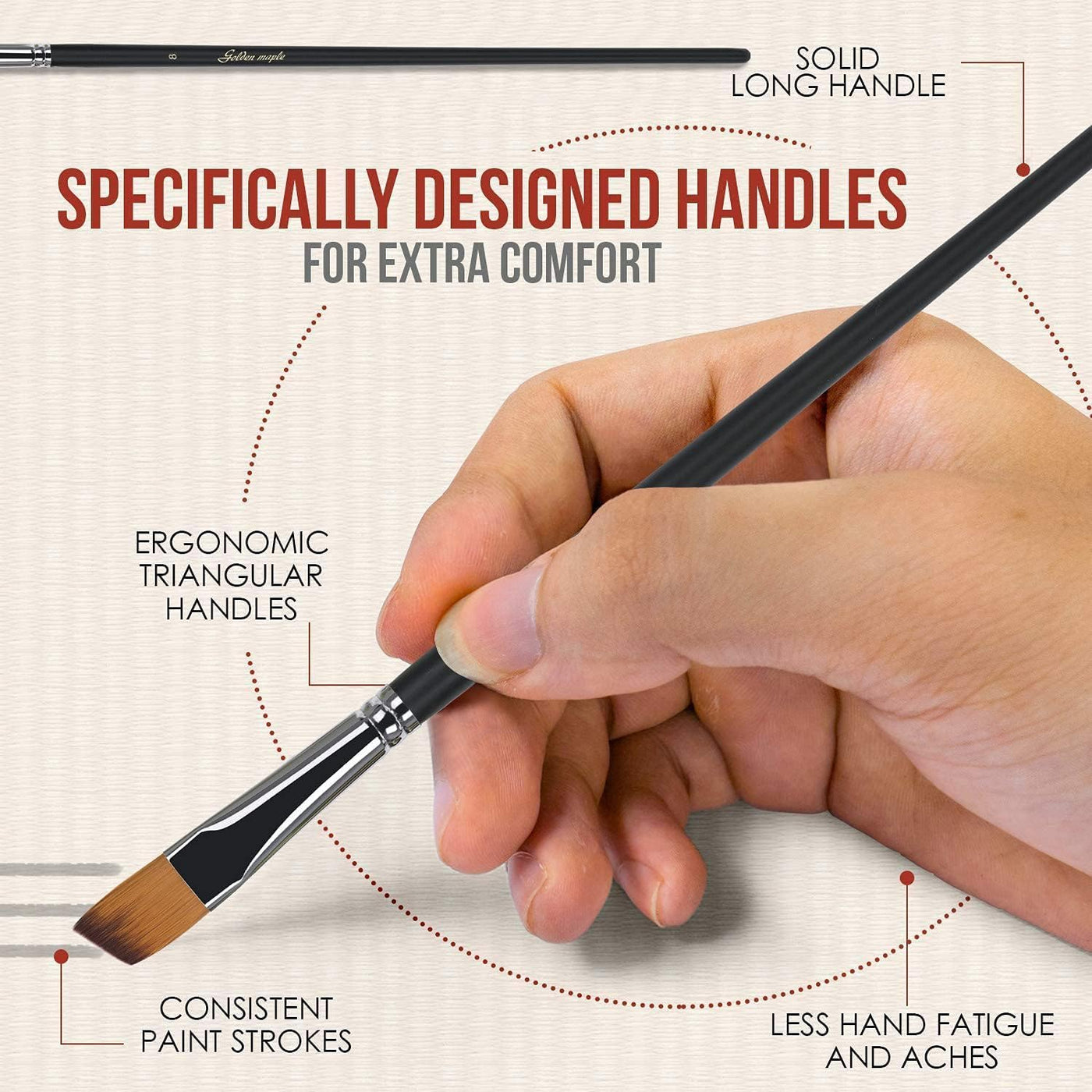 Golden Maple Angular Paint Brush, 9PC Oblique Tip Nylon Hair Long Handle Angled Paint Brushes Set Art Artist Professional Painting Supplies for Acrylic, Watercolor, Gouache and Oil Painting