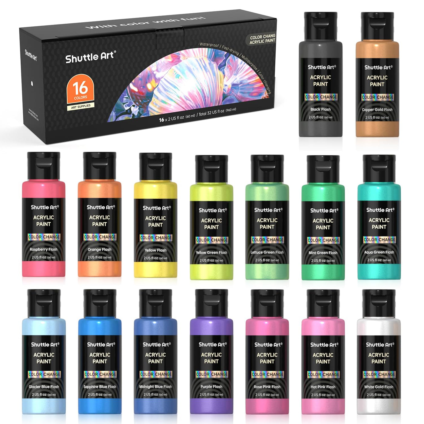 Shuttle Art Acrylic Paint, 50 Colors Acrylic Paint Set, 2oz/60ml Bottles, Rich Pigments, Water Proof, Premium for Artists, Beginners and Kids on Canvas Rocks Wood Ceramic Fabric