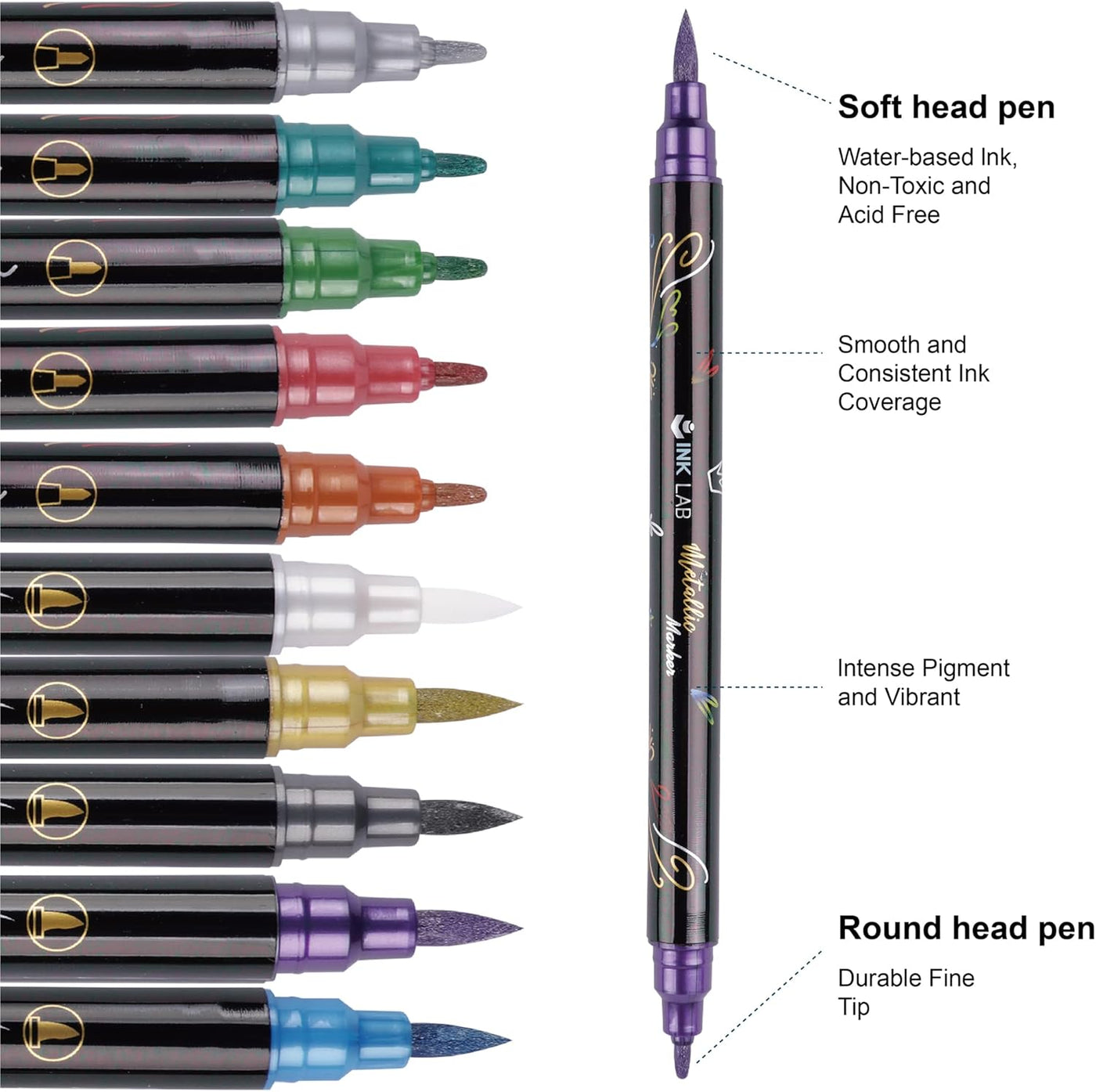 INK LAB Metallic Marker Pens Dual Tip 10 Colors Metallic Pens for Card Making Rock Painting Album Scrapbook Metal Wood Ceramic Glass, Medium & Brush Tip