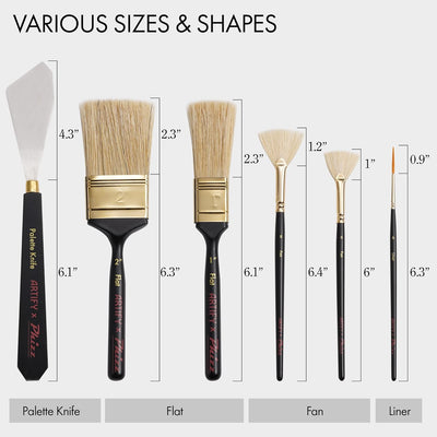 Artify Artist Paint Brush Set endorsed by Painter Phizz, 6-Piece Wet-on-Wet Oil Paint Brush Set with 5 Brushes and 1 Palette Knife for Artists, Landscapes, and Portraits