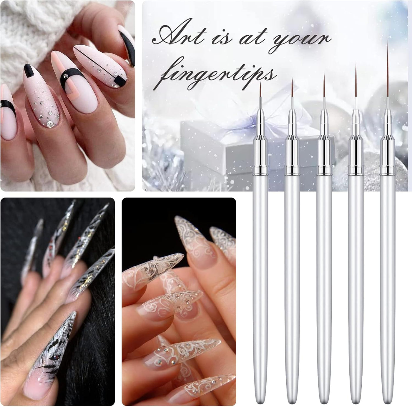 5PC Nail Art Brush Set - Long Lines, Liner, UV Gel Polish, Metal Handle, Sizes 7/9/11/15/25mm