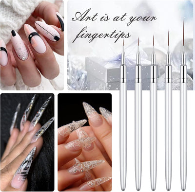 5PC Nail Art Brush Set - Long Lines, Liner, UV Gel Polish, Metal Handle, Sizes 7/9/11/15/25mm
