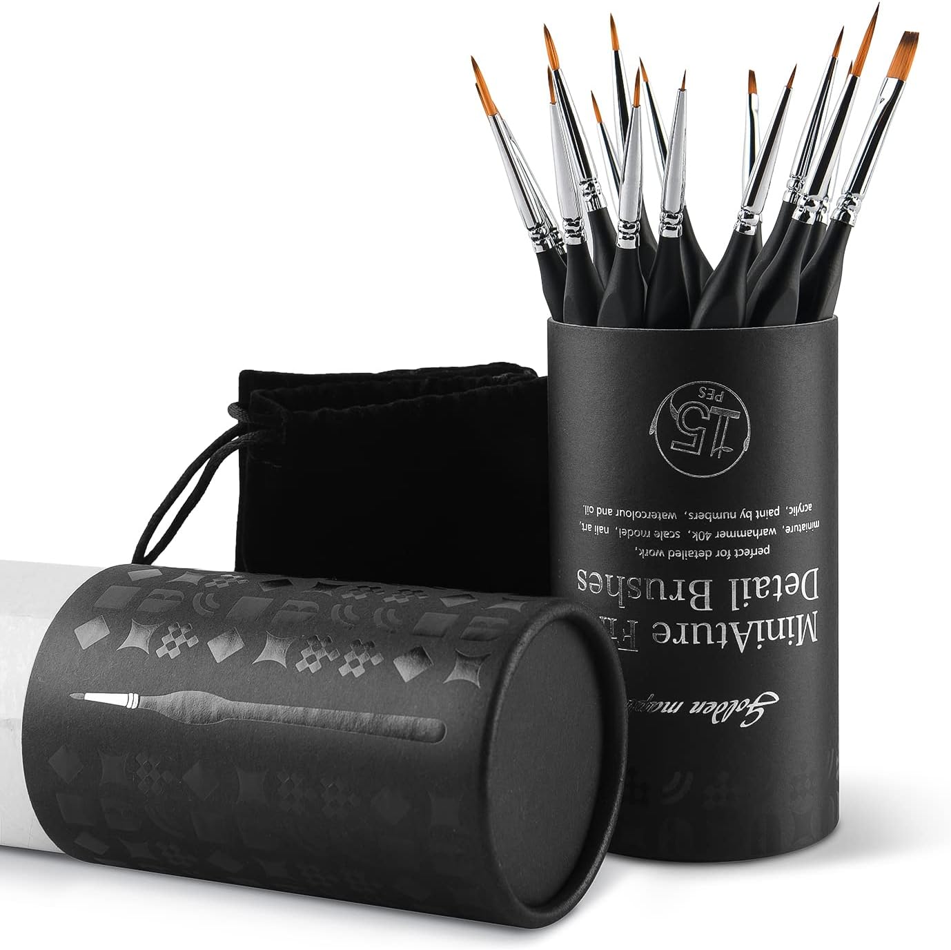 Golden Maple Miniature Paint Brushes, 15PC Model Brushes Micro Detail Paint Brush Set, Fine Detailing for Acrylics, Oils, Watercolors & Paint by Number, Figurine (Black)