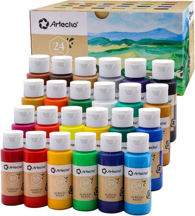 Artecho Acrylic Paint Set - 24 Colors, 2oz/59ml, Art Craft Paint for Canvas, Rocks, Wood, Fabric and Ceramic, Non-Toxic, Suitable for Artists, Students, Beginners and Adults