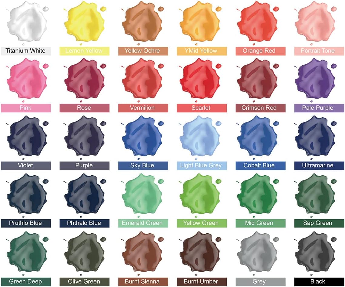 Acrylic Paint Set 30 Colors Craft Paints in Tubes with 10 Art Brushes Rich Pigment for Artists Beginners Kids Painting on Canvas Wood Fabric Crafts, 36ml/Tube