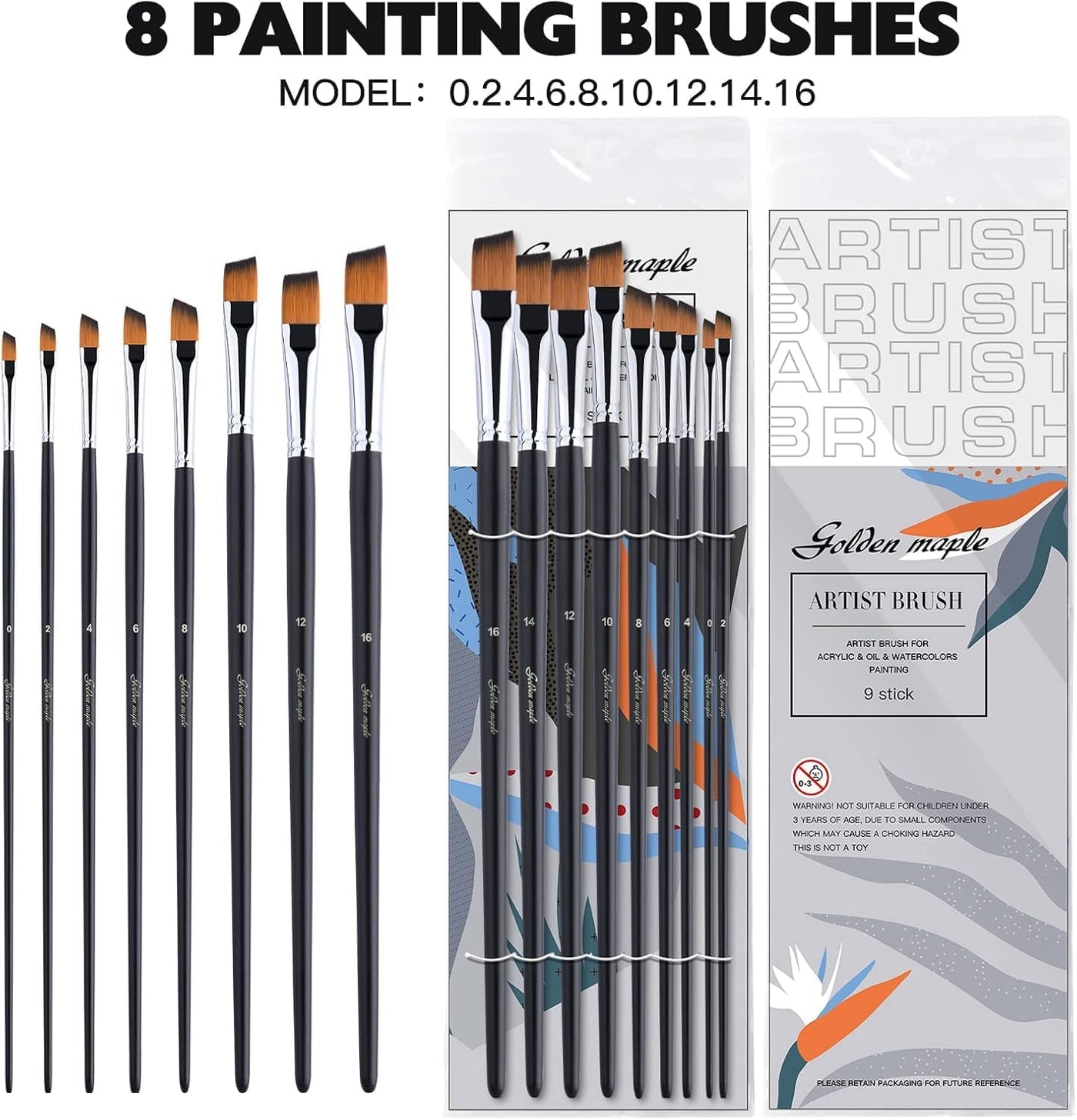 Golden Maple Angular Paint Brush, 9PC Oblique Tip Nylon Hair Long Handle Angled Paint Brushes Set Art Artist Professional Painting Supplies for Acrylic, Watercolor, Gouache and Oil Painting
