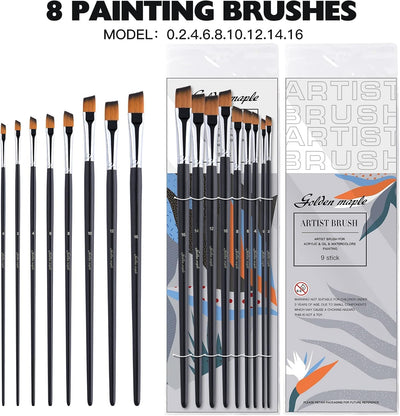 Golden Maple Angular Paint Brush, 9PC Oblique Tip Nylon Hair Long Handle Angled Paint Brushes Set Art Artist Professional Painting Supplies for Acrylic, Watercolor, Gouache and Oil Painting