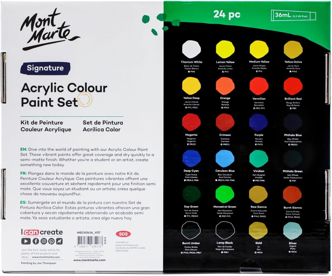 Mont Marte Acrylic Paint Set 24 Colours 36ml, Perfect for Canvas, Wood, Fabric, Leather, Cardboard, Paper, MDF and Crafts